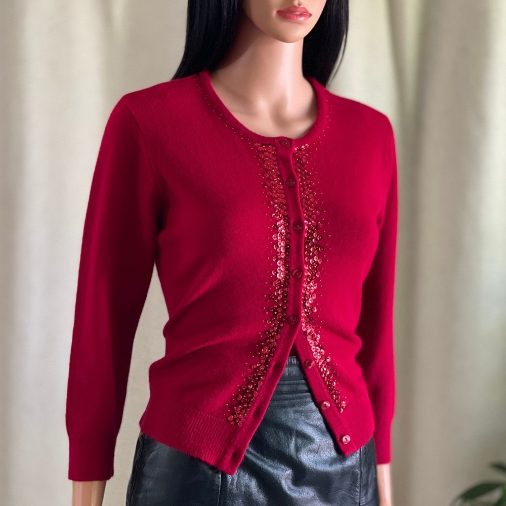 Red Sequin Beaded Button Up Cardigan Sweater Dark Coquette Holiday Glam Size S